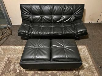 Black Faux Leather Futon Sofa Bed + Storage Ottoman (Coaster Dilleston)