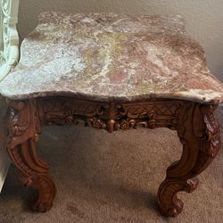 Carved Wood Marble Table Set 3 Piece
