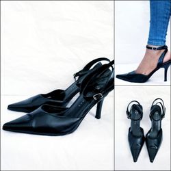 90s Era Black Pointed  Ankle Strap Heel