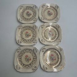 Lot of 6 Vintage 22 KT Gold Dessert Plates + Floral Platter By The Harker Pottery Co