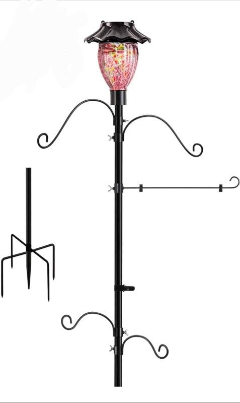 LUJII Solar Shepherd Hooks for Outdoors, Bird Feeder Pole with 4 Adjustable Hooks and 1 Flag Holder, Garden Stand for Hummingbird Feeders, Wind Chimes