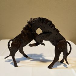 Vintage 9" Handmade dark brown Metal Fighting Horses Western Sculpture Brutalist