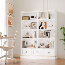 47.2" W Farmhouse Bookshelf with 3 Drawers, Wood Grain Storage Bookcase & Display Organizer, Freestanding Book Rack