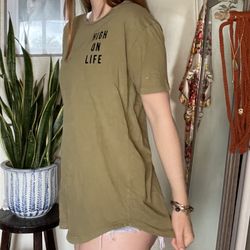 Vintage 1970s Upcycled Green T Shirt With vinyl Quote “high On Life” In Black  Sz medium. Longer tunic style  