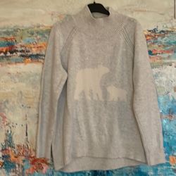 LOFT "Polar Bears" Sweater Turtle Neck Cotton Blend Heather Gray Sz XL