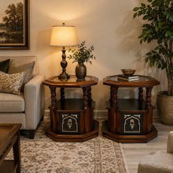 2 Vintage Barley Twist Walnut Wood Mid Century Octagon End Side Table w/ Cabinet & Top Glass