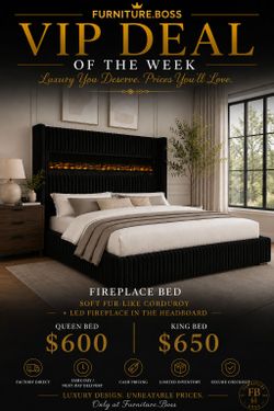 Modern Style Beds | Corduroy Bed w/ LED Fireplace | King & Queen Size Beds
