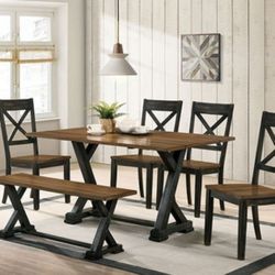 Brand New Rustic Antique Oak/Antique Black 6pc Dining Table Set 
