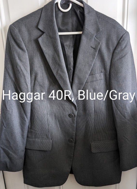 Mens Haggar 40R Suit Coat Jacket, Blue/Gray Tweed, 1 Vent, 65% Polyester, 35% Viscose Rayon