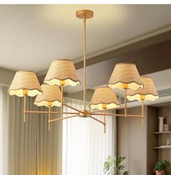 New large RATTAN handwoven 6 light chandelier