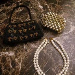 Beautiful Fancy Bundle Pearl Necklace Gold Bracelet And Black Little butterfly Bag Obo