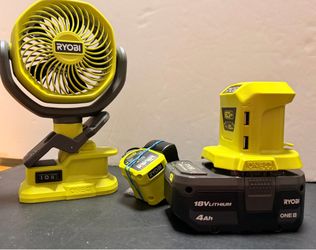 Ryobi 18V Cordless Clamp fan Kit with 4ahn Battery and Charger + USB Adapter