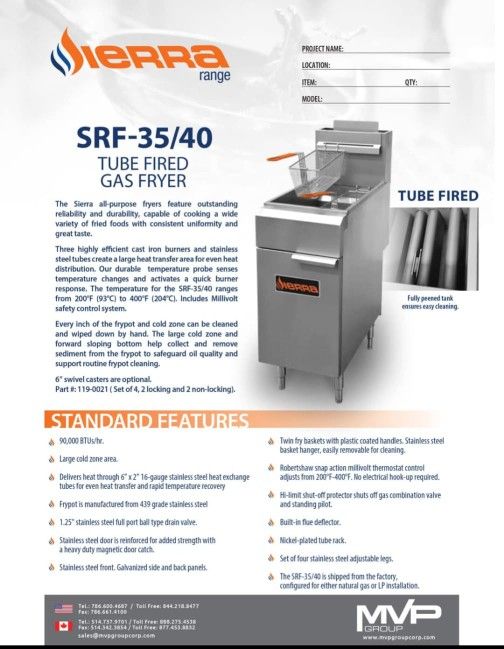 Sierra Stainless Steel Full Pot Gas Fryer 35-40 lbs. Capacity