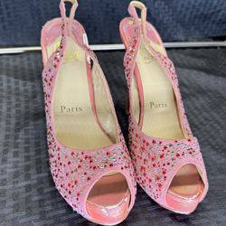 Christian Louboutin Pink Bejeweled Stiletto Peep-Toe Slingback Paris Heels - Size 40