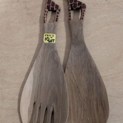 Vintage Hand Carved Wooden Giraffe Salad Server Utensil Set African Decor Art
