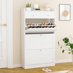 VOWNER Shoe Cabinet with 3 Flip Drawers & 2 Drawers, Freestanding Shoe Storage Cabinet with Adjustable Shelves, Shoe Organizer for Entryway, Hallway, 