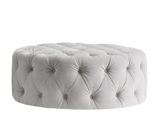 Pottery Barn Kids Monique Lhuillier, Large Round Tufted Ottoman, Gray Velvet