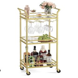 VASAGLE Bar Cart Gold, Home Bar Serving Cart, Small Bar Cart with 3-Tier Mirrored Shelf