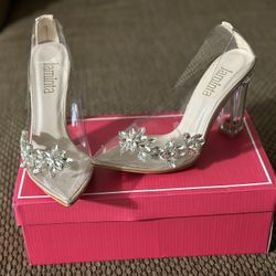 Princess Beige Transparent  Flower Heeled Shoes. Special Design Shoes. Cinderella Bridal. NYE Heels