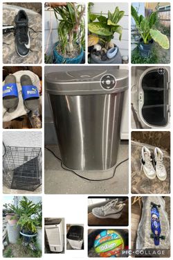 Trash can almost new $30, Nike men’s shooed size 11 $40, pumas sandals size 10 $5