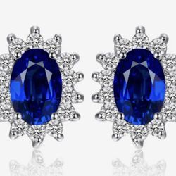 925 Sterling Silver, Princess, Diana Sapphire Earrings [EAR-34]