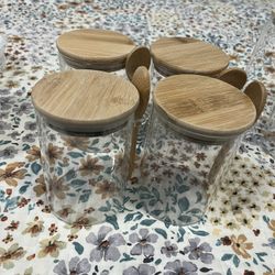 Set Of Small Glass Canisters & Glasses With Bamboo Lids 