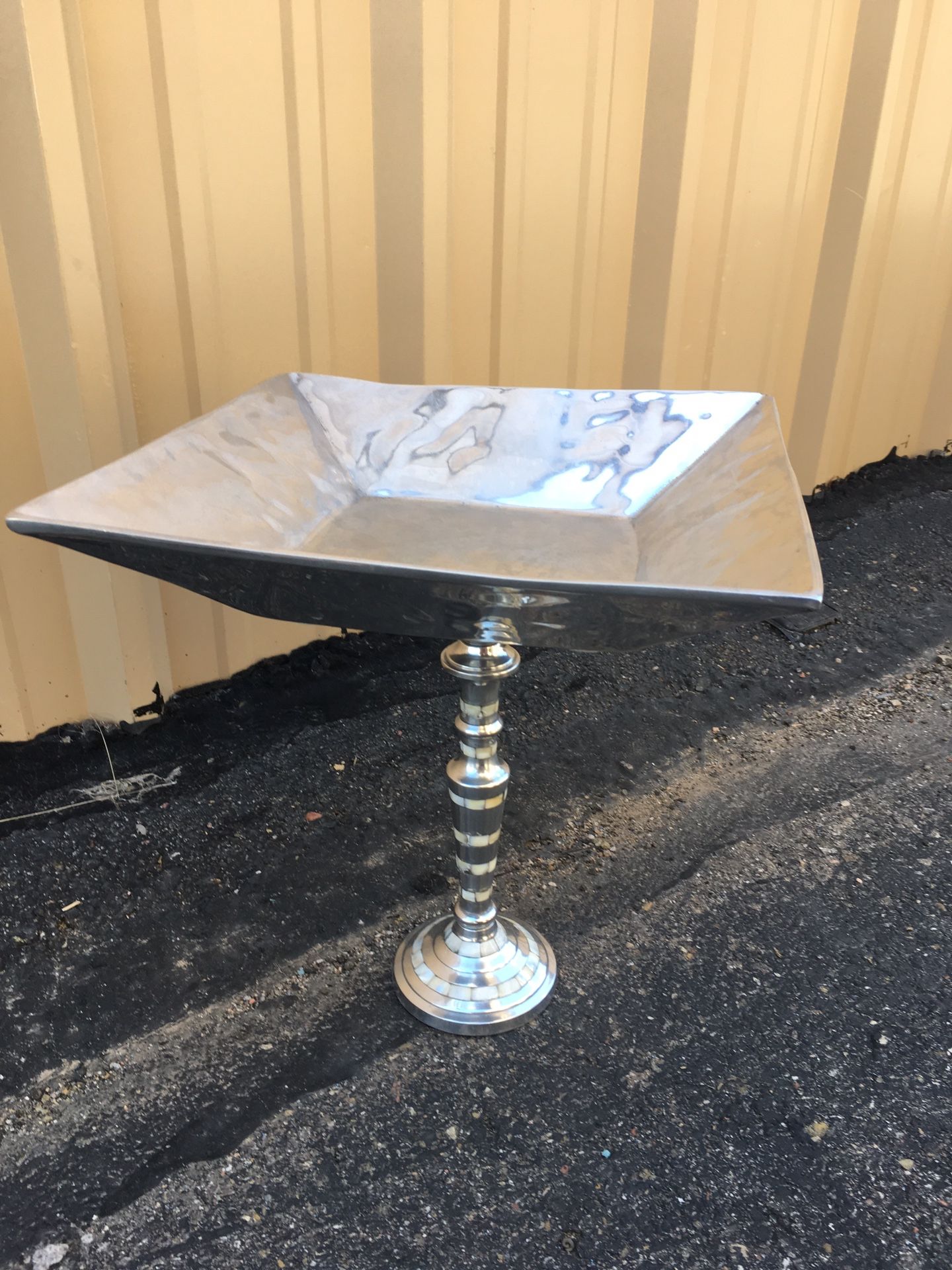 Bird Bath-neat square metal Dish with mother of pearl stand .....simple