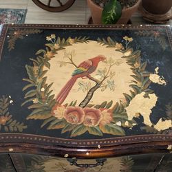 Vintage Hand-Painted Parrot Accent Chest / Side Table