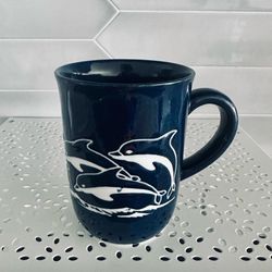Vintage 70s Otagiri Japan stoneware mug navy blue with dolphins 12 oz, 4 1/4” tall x 3 1/8” across top