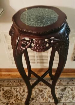 Solid mahogany wood tall stand plant planter side end table green marble stone top grape vines entry