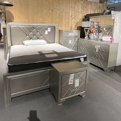 Champagne King Bed, Dresser, Mirror And One Nightstand