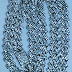 925 Sterling Silver Monaco Cuban Chain With Genuine Moissanite Rhodium Finish 30 Inch 13 MM 143 Grams