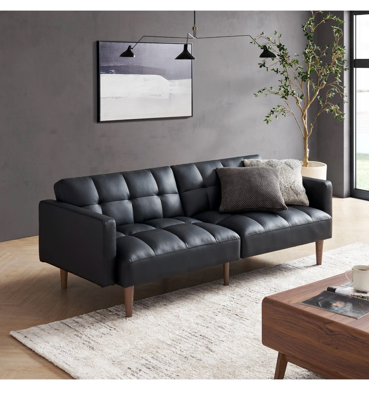 Aaron Futon Sofa Bed, Midnight Black Faux Leather