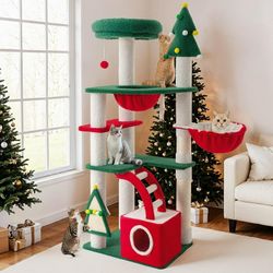 67" Large Cat Tree and Tower, Christmas Condo House with Stair & Scratching Posts for Indoor Cat, Red & Green