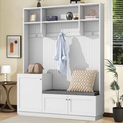 NEW White Modern White Freestanding Hall Tree with Cushioned Storage Bench, 3-Hooks and Shelves