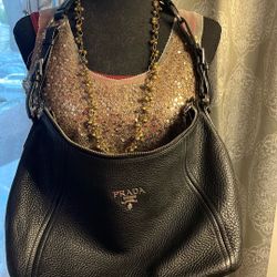 Black Vitello Phenix Leather Hobo Bag 