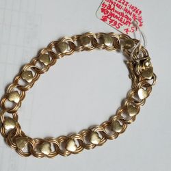 14k Yellow Gold American Designer Bracelet With Hearts and Rings 