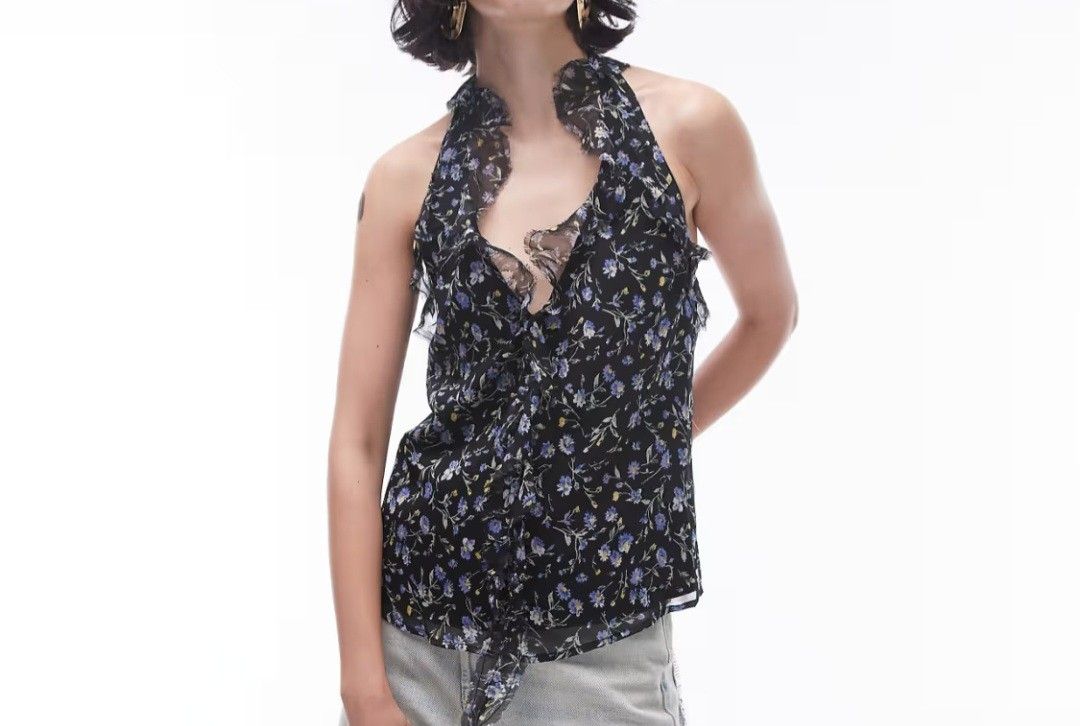 Topshop Blue Black Ruffle Halter Top Size 4