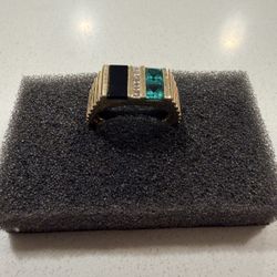 14k Gold Ring With Black Onyx, Diamond, Emeralds 