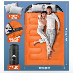 MEREZA Double Sleeping Bag for Adults Mens with Pillow, XL Queen Size Two Person Sleeping Bag for All Season Camping Hiking Backpacking 2 Person Sleep