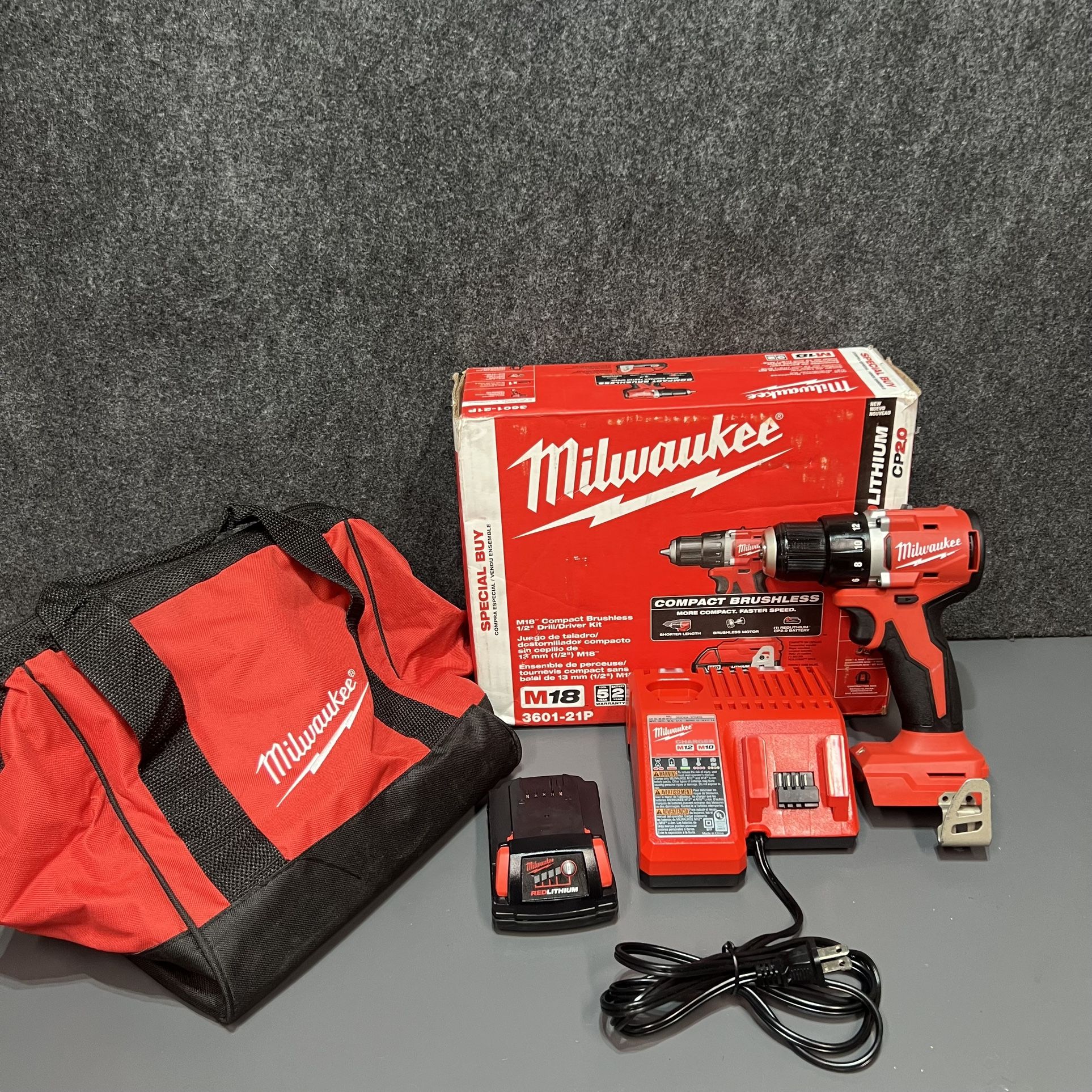 Milwaukee (3601-21P) M18 18V Lithium-Ion Brushless Cordless 1/2 in. Compact Drill/Driver with One 2.0 Ah Battery, Charger and Tool Bag