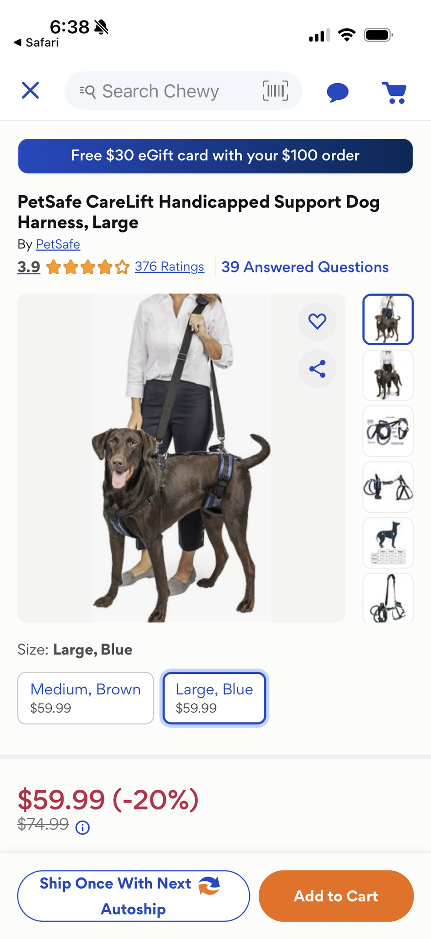 PetSafe CareLift Handicapped Support Dog Harness, Large