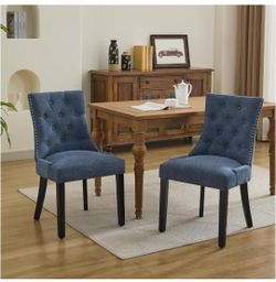 Set of 2 Tufted Upholstered Dining Chairs, Fabric Side Chairs with Nailhead Trim on the Backrest and a Ring Pull, Solid Wood Legs, Dark Blue