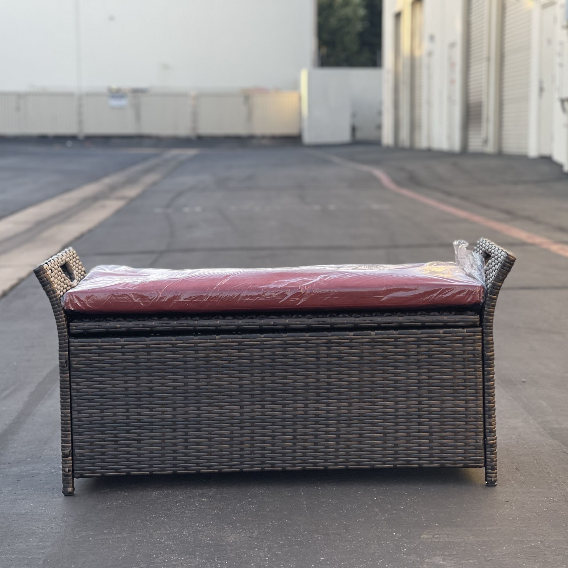 Barton Outdoor Storage Bench Rattan Style Deck Box Wicker Patio Furniture w/Seat Cushion, 40-Gallon, Brown