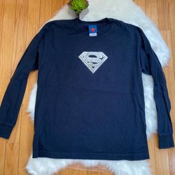 Men’s Superman Black Long Sleeve Silver Logo Shirt Size XL