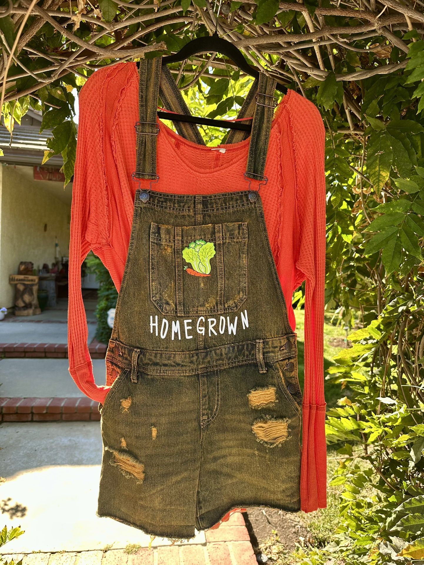 Women's Bib Overalls "Homegrown" Tint of slight Orange. Shirt does not go with it. Rare appliqués