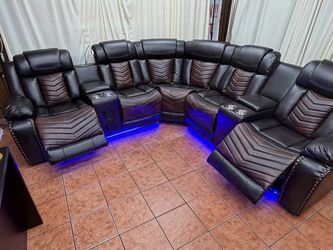 Power Reclining Sectional Sofa Two Tone Brown Leather With Bluetooth Speakers 
