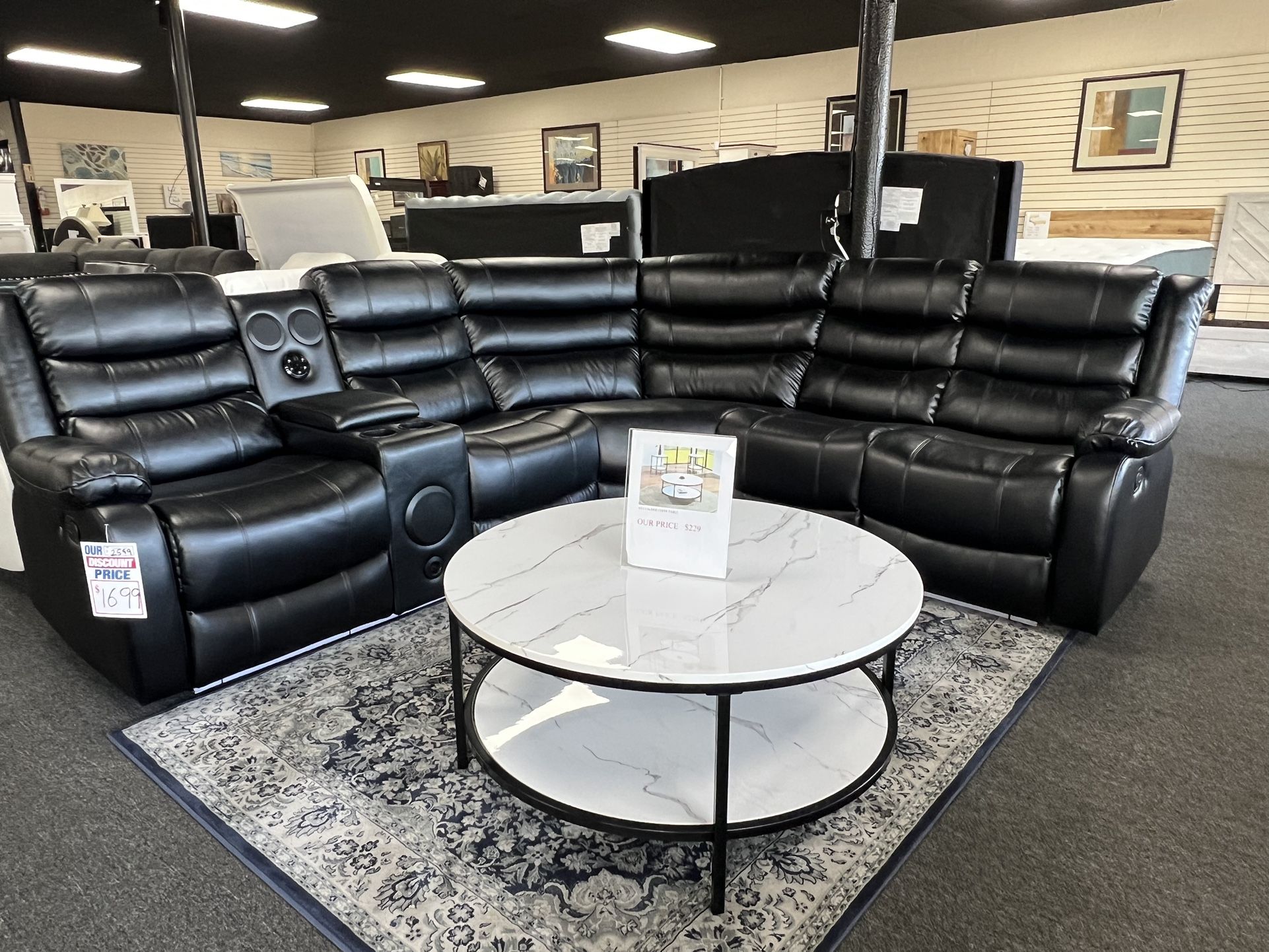 New Black Leather Manual Recliner Sectional With LED Light & Bluetooth Speakers. Delivery & Set Up Available