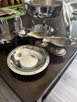 Fondue Set/ Salt n Pepper / Creamer and Sugar / 2 Gravy Boat Dispenser- Silver Plate Set(s)