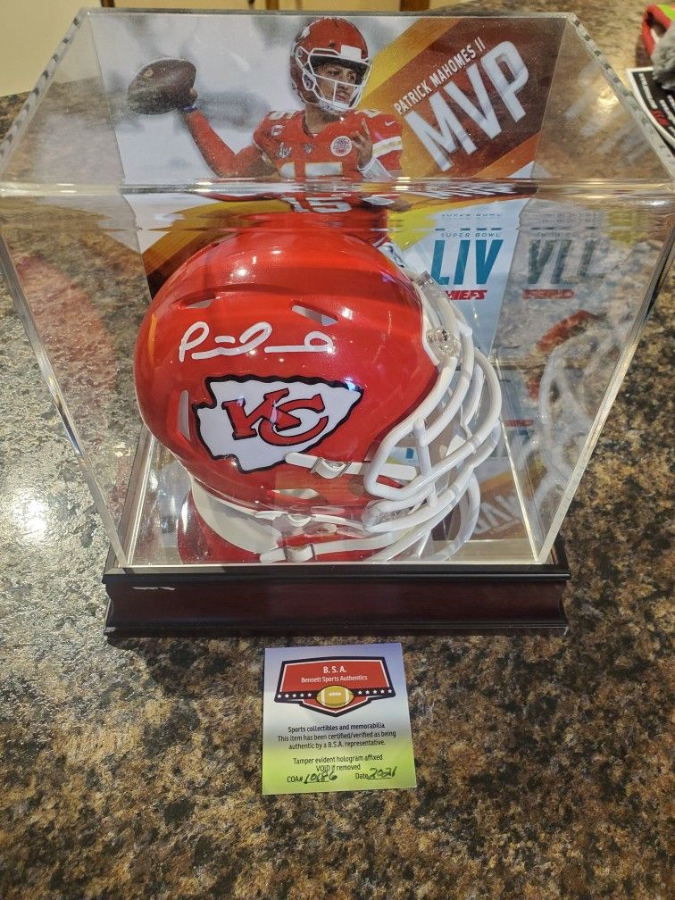 PATRICK MAHOMES AUTOGRAPHED MINI HELMET IN SUPERBOWL MVP CASE
